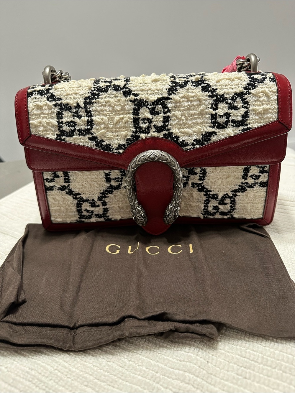 Gucci Red and Cream Tweed Shoulder Bag with Silver Hardware